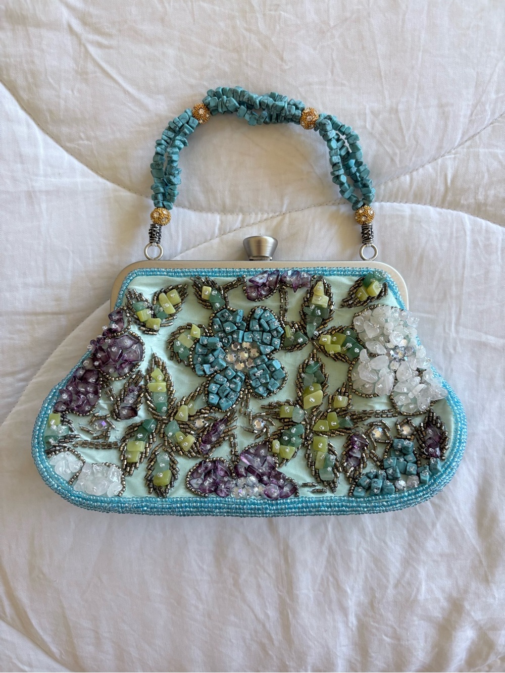 Embellished Beaded Floral Mini Bag in Turquoise